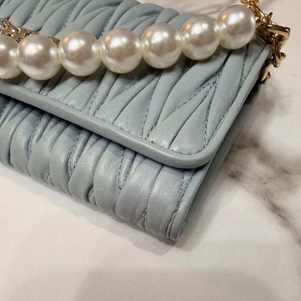 Miu Miu Matelasse Bifold Long Wallet Logo Leather Cielo Blue